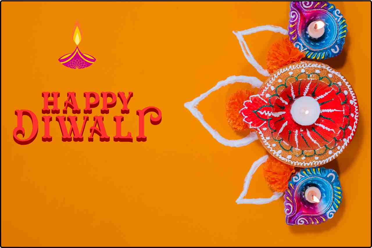 Top view of Diwali candles on a colorful festive background for Diwali celebration.